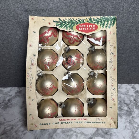 Vtg Shiny Brite Glass Ornaments Box 12 Stencil Glitter Solid Xmas USA READ - Picture 7 of 10